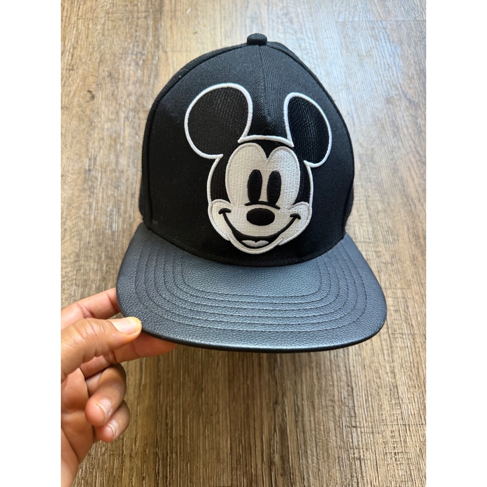 Disney Mickey Mouse Snapback Hat Black Gray Faux Leather Brim Gothic Embroidery